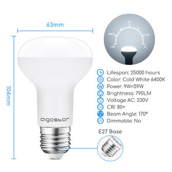 LED SPOT R63 230V 170&deg; E27 9W=60W 840LM 6500K 