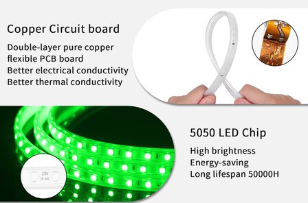 SMD LED STRIP 230V 7W/M. 120-LEDS/M. GROEN 50-METER ROL