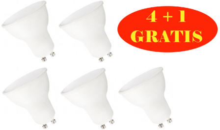 4+1 GRATIS LED SPOT DIMBAAR GU10 120&deg; 6W=50W 390LM 3000K 