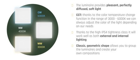 LED ARMATUUR SCATOLLO MILKY IP54 20W 2500LM TRI-COLOR