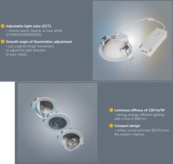 LED INBOUWSPOT 0-90&deg; ZWENKBAAR 230V 6,5W 850LM CCT-SWITCH