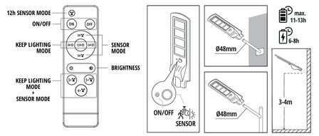 LED STRAATLAMP OP ZONNE-ENERGIE SENSOR/REMOTE 850LM 6500K 