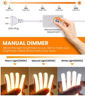 230V COB LED STRIP MET DIMMER IP67 10-METER 3000K WARM WIT