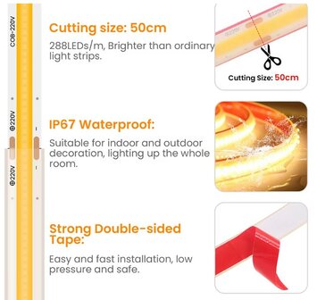 230V COB LED STRIP MET DIMMER IP67 10-METER 3000K WARM WIT