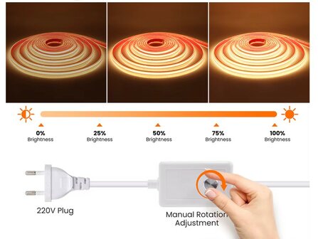 230V COB LED STRIP MET DIMMER IP67 10-METER 3000K WARM WIT