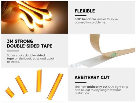 COB LED STRIP VRIJ KNIPBAAR IP20 24V/DC 10W/M. 5-KLEUREN