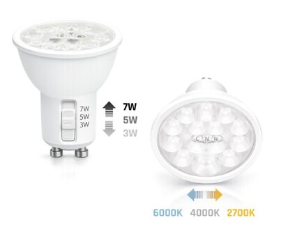 GU10 LED SPOT POWER- &amp; CCT-SWITCH 230V 3/5/7W 2700K/4000K/6000K