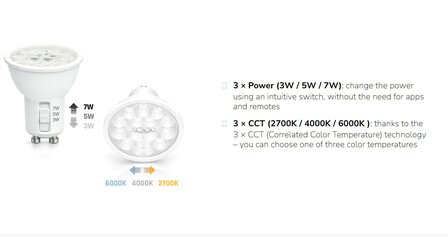 GU10 LED SPOT POWER- &amp; CCT-SWITCH 230V 3/5/7W 2700K/4000K/6000K