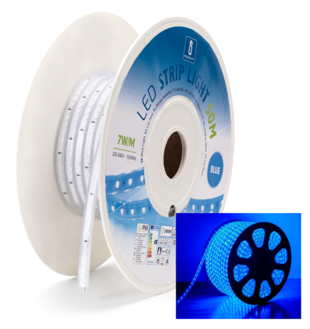 SMD LED STRIP 230V 7W/M. 120-LEDS/M. BLAUW 50-METER ROL