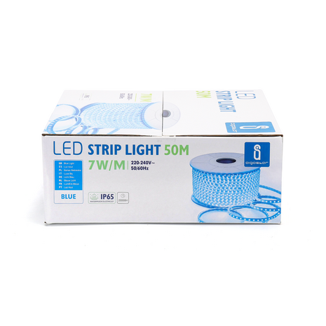 SMD LED STRIP 230V 7W/M. 120-LEDS/M. BLAUW 50-METER ROL