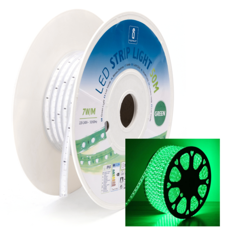 SMD LED STRIP 230V 7W/M. 120-LEDS/M. GROEN 50-METER ROL