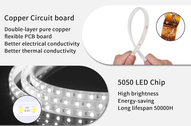 SMD LED STRIP 230V 7W/M. 500LM/M. 6500K 50-METER ROL