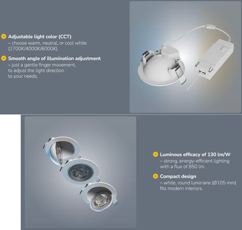 LED INBOUWSPOT 0-90° ZWENKBAAR 230V 6,5W 850LM CCT-SWITCH