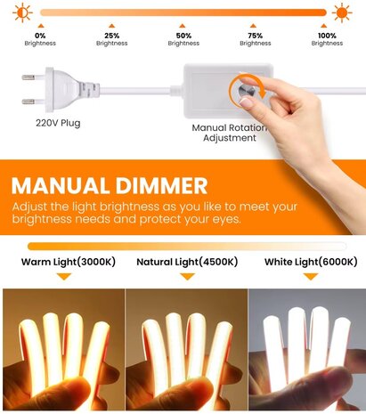 230V COB LED STRIP MET DIMMER IP67 10-METER 3000K WARM WIT