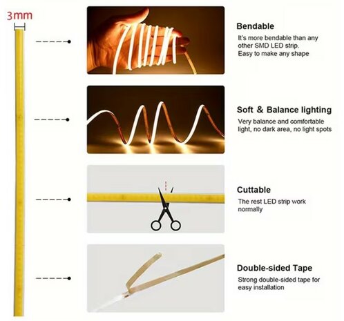 COB LED STRIP 3MM IP20 CRI-90 24V/DC 8W/M. 5-KLEUREN