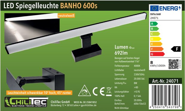 LED BADKAMER SPIEGELLAMP ZWART 60CM IP44 230V 8W 4000K 