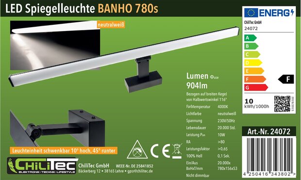 LED BADKAMER SPIEGELLAMP ZWART 78CM IP44 230V 10W 4000K 