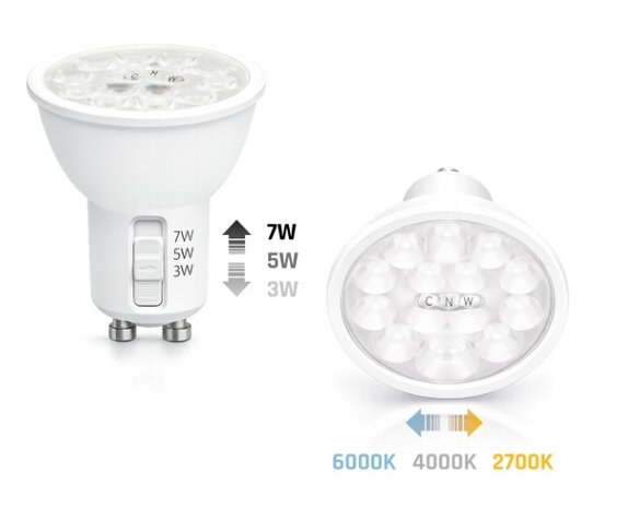 GU10 LED SPOT POWER- & CCT-SWITCH 230V 3/5/7W 2700K/4000K/6000K