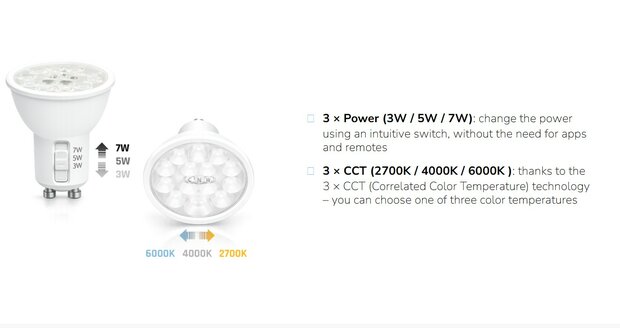 GU10 LED SPOT POWER- & CCT-SWITCH 230V 3/5/7W 2700K/4000K/6000K