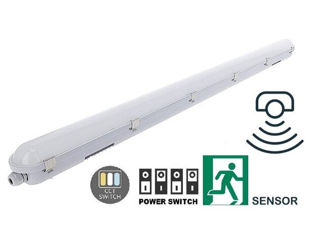 LED BATTEN 150CM MERRYTEK SENSOR & NOODUNIT 35-60W IP65 IK08 CCT-SWITCH 